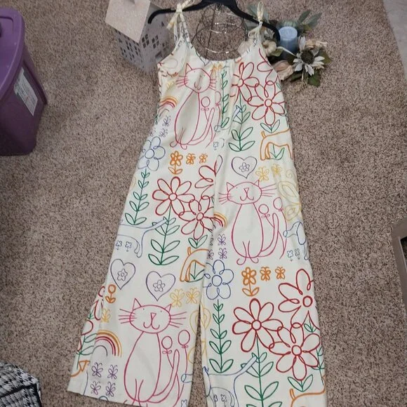 3523 Size Large Wide leg Jumpsuit In Yellow and Green Print. - Picture 4 of 4